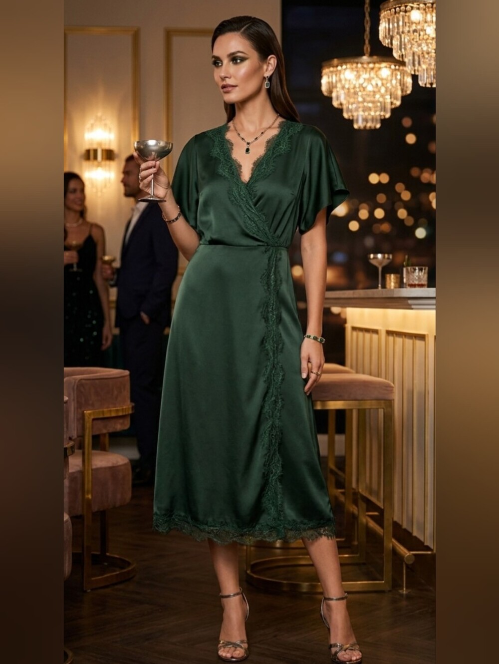 Scoop Emerald Green Satin Lace Trim Faux Wrap Midi Dress Size Large 12-14